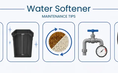 Water softener maintenance tips: salt tank, clean tank, resin beads, valve with gauge, and control panel.
