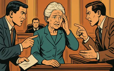 Una donna anziana, stressata, al centro di un processo. Due avvocati puntano il dito contro di lei, mentre il giudice osserva. La sua testimonianza è sotto pressione.