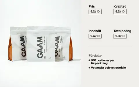 GAAM Creatine-påsar med 100% rent kreatinmonohydrat. Innehåll 9.4/10. Veganskt och vegetariskt.