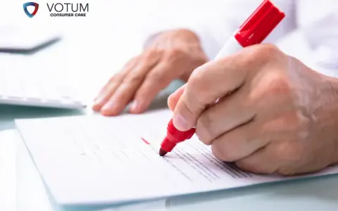 Ręka zaznacza czerwonym markerem potencjalne błędy w umowach kredytowych. VOTUM Consumer Care pomaga w analizie dokumentów.