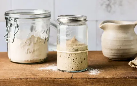 Blubbernder Sauerteig im Glas, bereit für schnelles Sauerteig herstellen. Daneben ein Glas mit Mehl und ein Krug.