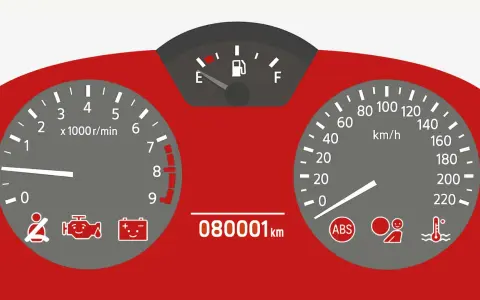 Deska rozdzielcza samochodu z wskaźnikami: paliwa, obrotów, prędkości, przebiegu 080001 km, oraz kontrolkami: pasów, silnika, akumulatora, ABS, poduszki powietrznej i temperatury.