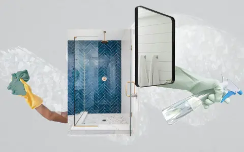 Hands in gloves spray and wipe a shower, demonstrating how to clean shower glass for a sparkling finish.