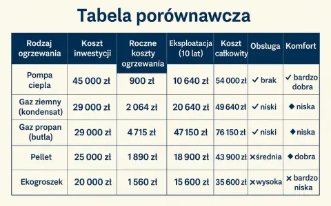 Tabela porównawcza: jakie ogrzewanie do domu? Koszty inwestycji, roczne, eksploatacji i całkowite dla pompy ciepła, gazu, pelletu i ekogroszku.