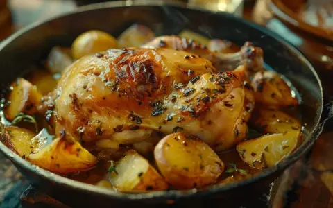 Un plat appétissant de cuisse de poulet Cookeo, doré et savoureux, entouré de pommes de terre rôties et d'herbes aromatiques.