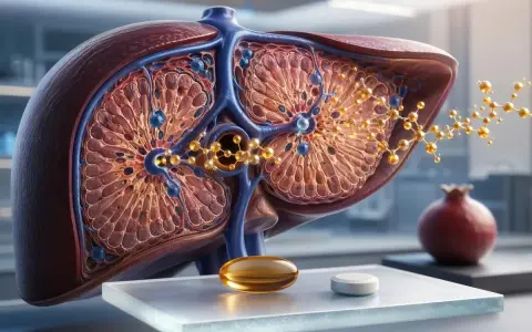 Detaljerad bild av en lever med molekylära strukturer. En kapsel och en tablett syns framför, vilket kan associeras med vitamin B6 biverkningar.