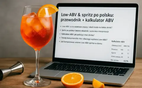Kieliszek Aperola obok laptopa z kalkulatorem ABV. Dowiedz się, wódka ile ma procent i jak przygotować lekki drink.