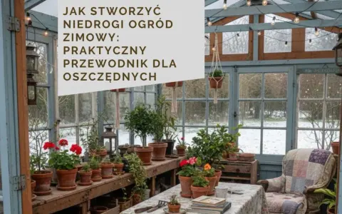 Szklarnia pełna roślin w doniczkach, z tekstem "Jak stworzyć niedrogi zimowy ogród". Tanie pomysły do ogrodu dla oszczędnych.