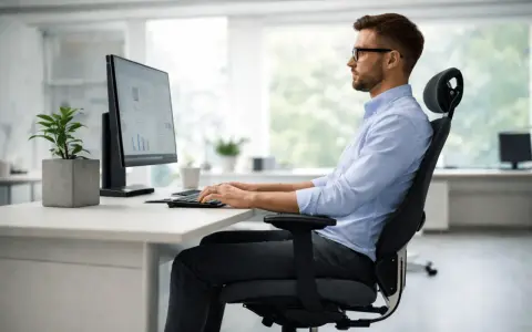 Un homme en chemise bleue travaille sur son ordinateur, assis confortablement. Il sait comment bien s'asseoir pour être productif.