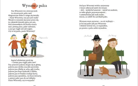 Ilustracja do wiersza "Wysssane z palca". Dzieci śmieją się z pana, który ssie palec. Na drugiej stronie pan Wincenty i pan Brzechwa siedzą na ławce z kotem.