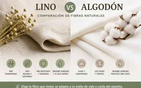 Comparación de lino y algodón. El lino, con sus semillas, es más transpirable y duradero. El algodón, con sus borlas, es suave y versátil.