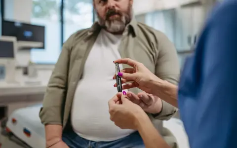 Lekarz mierzy poziom glukozy u pacjenta. Czy przy cukrzycy się chudnie czy tyje? To zależy od typu i leczenia.
