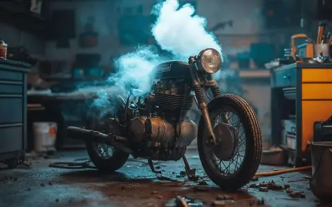 Une vieille moto dans un garage, fumée bleue s'échappant du **moteur 2 temps qui s'étouffe à l'accélération**.