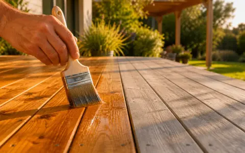 Main d'une personne appliquant un saturateur sur une terrasse en bois. Aide à choisir quel saturateur choisir pour protéger et embellir le bois.