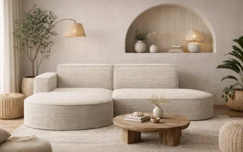 Ein gemütliches, beigefarbenes **Ecksofa mitten im Raum** lädt zum Entspannen ein. Ein runder Holztisch und ein Teppich vervollständigen das Bild.