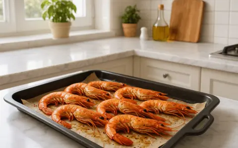 Gambones al horno listos para servir, con un toque de especias y aceite de oliva, sobre una bandeja en una cocina luminosa.