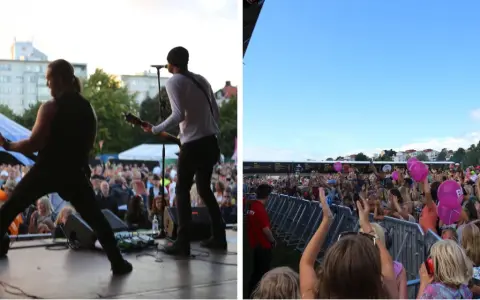 En livlig konsert i Stockholm med band på scen och en entusiastisk publik som viftar med ballonger.