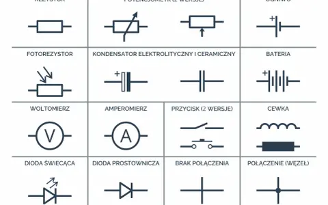 Schematyczne symbole elementów elektronicznych: rezystor, potencjometr, ogniwo, fotorezystor, kondensator, bateria, woltomierz, amperomierz, przycisk, cewka, dioda świecąca, dioda prostownicza, brak połączenia, połączenie. Każdy symbol to pewien symbol...
