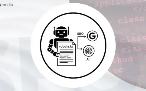 Grafika przedstawia robota trzymającego plik robots.txt, który wpływa na SEO i AI, symbolizowane przez logo Google i mózg.