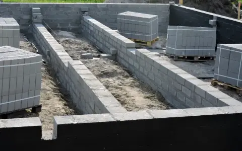 Fundamenty z bloczków betonowych, przygotowane do prac związanych z hydroizolacją. Na placu budowy widać też palety z materiałami.