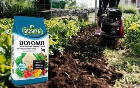 Torba z nawozem Dolomit Biovita obok grządki, gdzie glebogryzarka spulchnia ziemię. Czy dolomit jest szkodliwy? Nie, jest to wapno nawozowe z magnezem.
