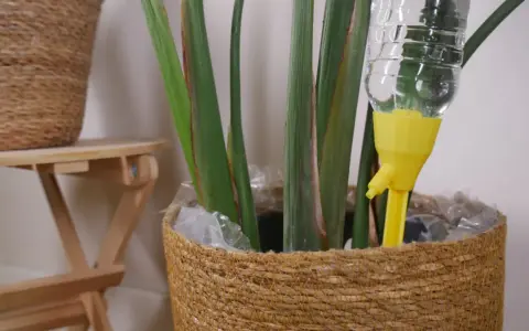 Sistema de riego automático para regar plantas en vacaciones. Una botella de agua con un gotero amarillo se inserta en una maceta de mimbre.