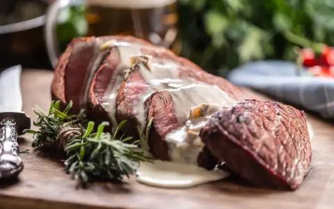 Tranches de côte de bœuf juteuses, nappées d'une sauce crémeuse. Un assaisonnement subtil rehausse la saveur de cette pièce de viande.