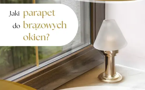 Jaki parapet do brązowych okien? Elegancka lampka nocna stoi na marmurowym parapecie obok okna.