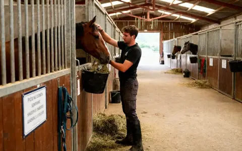 Un palefrenier donne à manger à un cheval dans son box. Le jeune homme, en tenue d'équitation, caresse l'animal tout en remplissant son seau de foin.