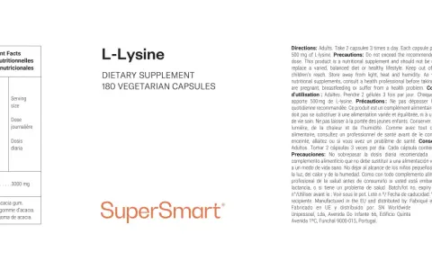 Complément alimentaire L-Lysine 180 gélules végétariennes. Chaque gélule apporte 500 mg de L-lysine.