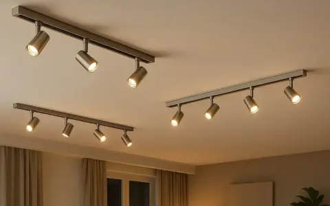 Sistemas de rieles con varios focos dirigibles, mostrando diferentes tipos de focos para techo, ideales para iluminar espacios.