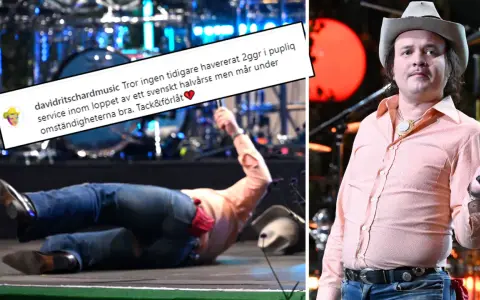 David Ritschard föll på scenen under Allsång på Skansen, men verkar må bra trots omständigheterna.