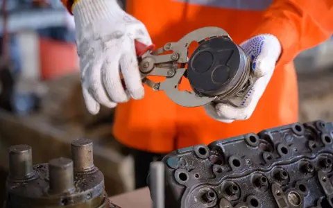 Mechanik w białych rękawicach trzyma tłok z widocznymi objawami zużytych pierścieni tłokowych. Obok leży głowica silnika.