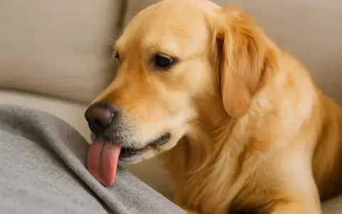 Un golden retriever lèche un tissu gris. Peut-être qu'il se demande pourquoi mon chien lèche les tissus, cherchant une explication à ce comportement.