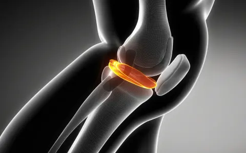 Anatomia kolana z widoczną uszkodzoną łąkotką, obraz rezonans.