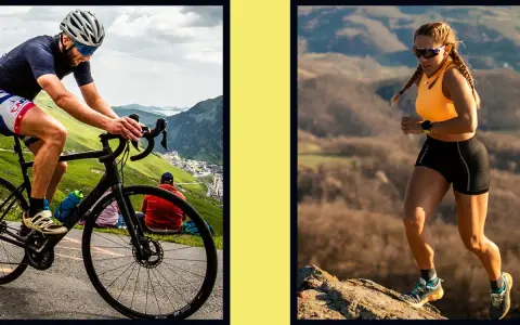 A cyclist's powerful legs power up a mountain road, contrasting with a runner's strong legs on a rocky trail.