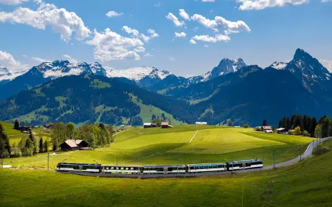 A train travels through a lush green valley with snow-capped mountains in the background. Many positive goldenpass line reviews mention this scenic route.