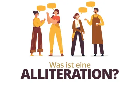 Vier Personen im Gespräch, über ihnen Sprechblasen. Die Frage "Was ist eine Alliteration?" wird gestellt, um das Konzept zu erklären.