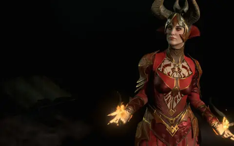 Hechicera con cuernos y armadura roja, lanzando fuego. Un libro antiguo flota cerca. build hechicero diablo 4.