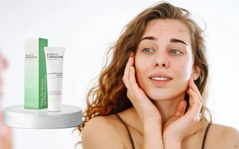Giovane donna con acne pelle, accarezza il viso vicino a una crema anti-imperfezione Terme di Sirmione.