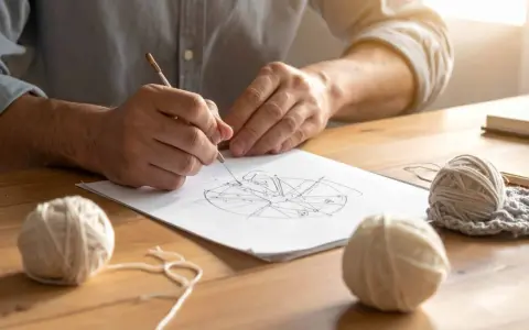 Ręce rysują skomplikowane crochet charts. Na stole leżą kłębki włóczki i gotowy fragment robótki.