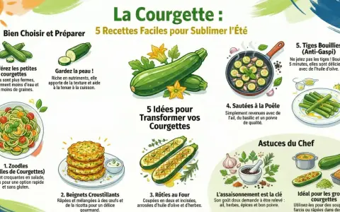 Infographie sur la courgette : 5 recettes faciles pour sublimer l'été, incluant zoodles, beignets, rôties, sautées et tiges bouillies. Idées pour les grosses courgettes.