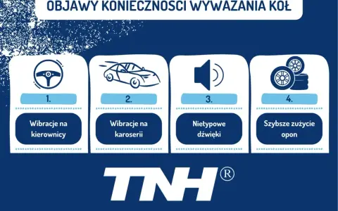 Objawy konieczności wyważenia kół: wibracje kierownicy, karoserii, nietypowe dźwięki, szybsze zużycie opon.