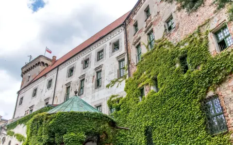 Zamek w Otmuchowie, porośnięty bluszczem, z polską flagą na wieży. Wspaniałe otmuchowskie atrakcje czekają na odkrycie!