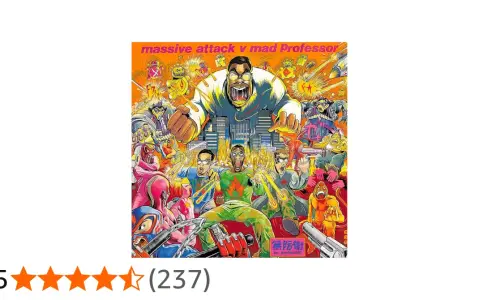 Pochette de l'album Massive Attack v Mad Professor, "No Protection", avec des personnages colorés et explosifs.