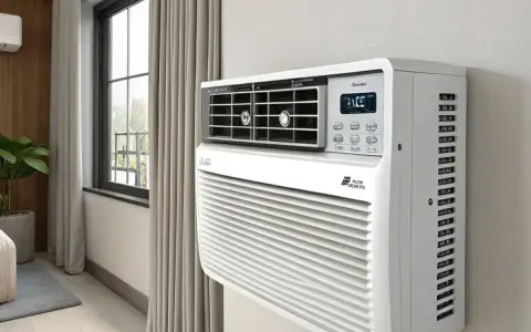 Clim discret blanc installé dans une pièce lumineuse, près d'une fenêtre avec des rideaux beiges.