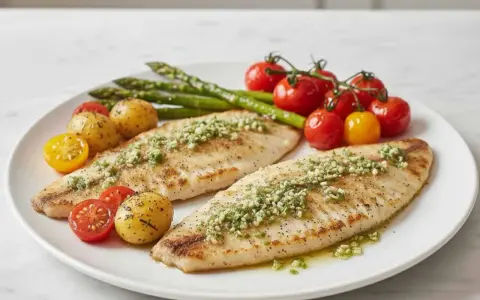 Dos filetes de merluza a la plancha con hierbas, acompañados de patatas pequeñas, tomates cherry y espárragos.
