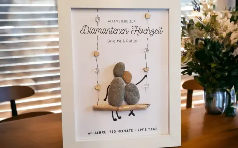 Gerahmtes Bild mit Steinfiguren, die eine diamantene Hochzeit feiern. 60 Jahre sind diamantene Hochzeit.