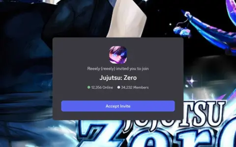 Invitación a "Jujutsu: Zero" en Discord, con 12,356 usuarios en línea y 34,232 miembros. ¡Únete a la comunidad de Jujutsu Kaisen!