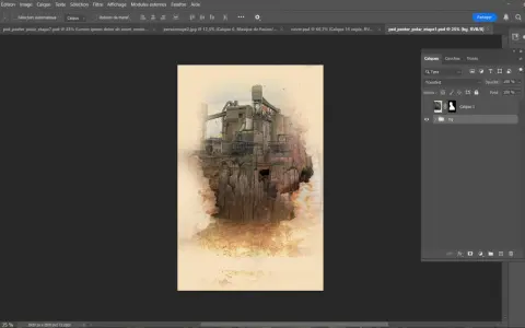 Affiche film photoshop : usine sur falaise, style aquarelle, ambiance industrielle et mystérieuse.